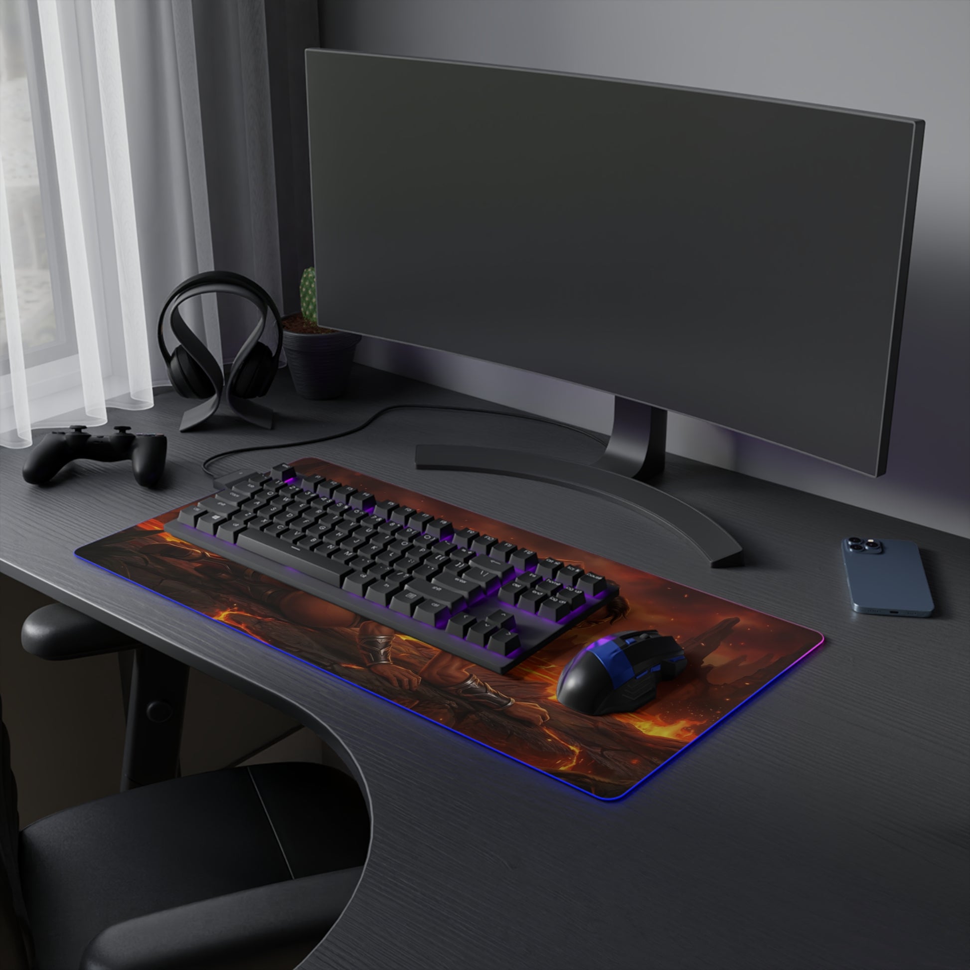 Mortal Kombat Mouse Pad, Sheeva LED RGB Desk Mat, Gift for Gamer, Fighting Game Room Decor showcasing Sheeva artwork on a gaming desk with keyboard and mouse