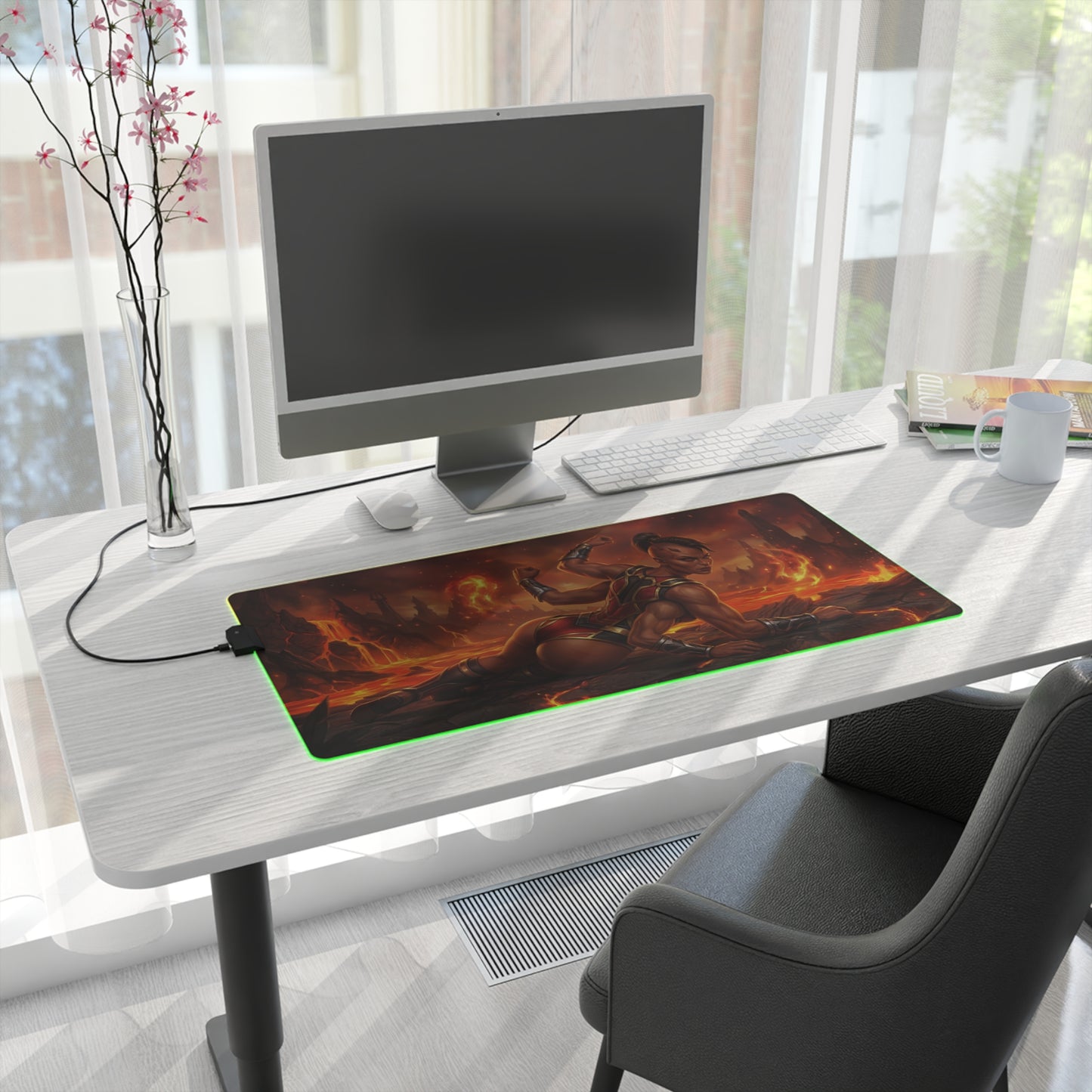 Mortal Kombat Mouse Pad, Sheeva LED RGB Desk Mat, Gift for Gamer, Fighting Game Room Decor on a white desk with PC setup and green RGB edge