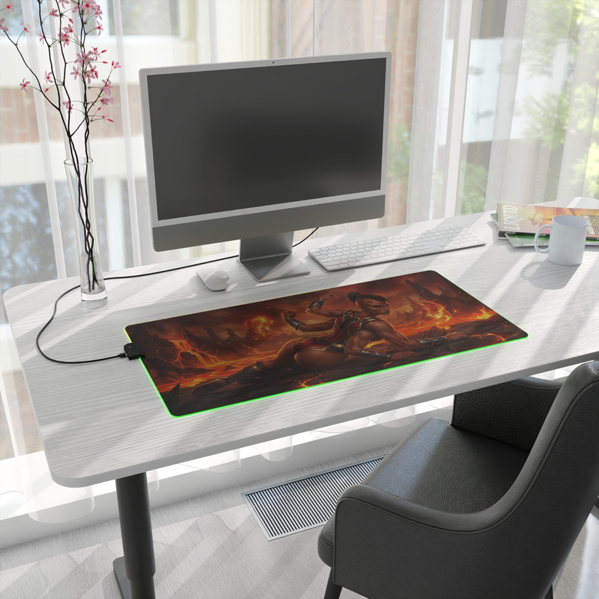 Mortal Kombat Mouse Pad, Sheeva LED RGB Desk Mat, Gift for Gamer, Fighting Game Room Decor on a white desk with PC setup and green RGB edge