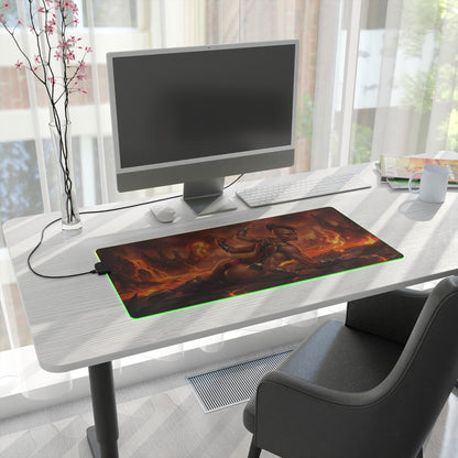 Mortal Kombat Mouse Pad, Sheeva LED RGB Desk Mat, Gift for Gamer, Fighting Game Room Decor on a white desk with PC setup and green RGB edge