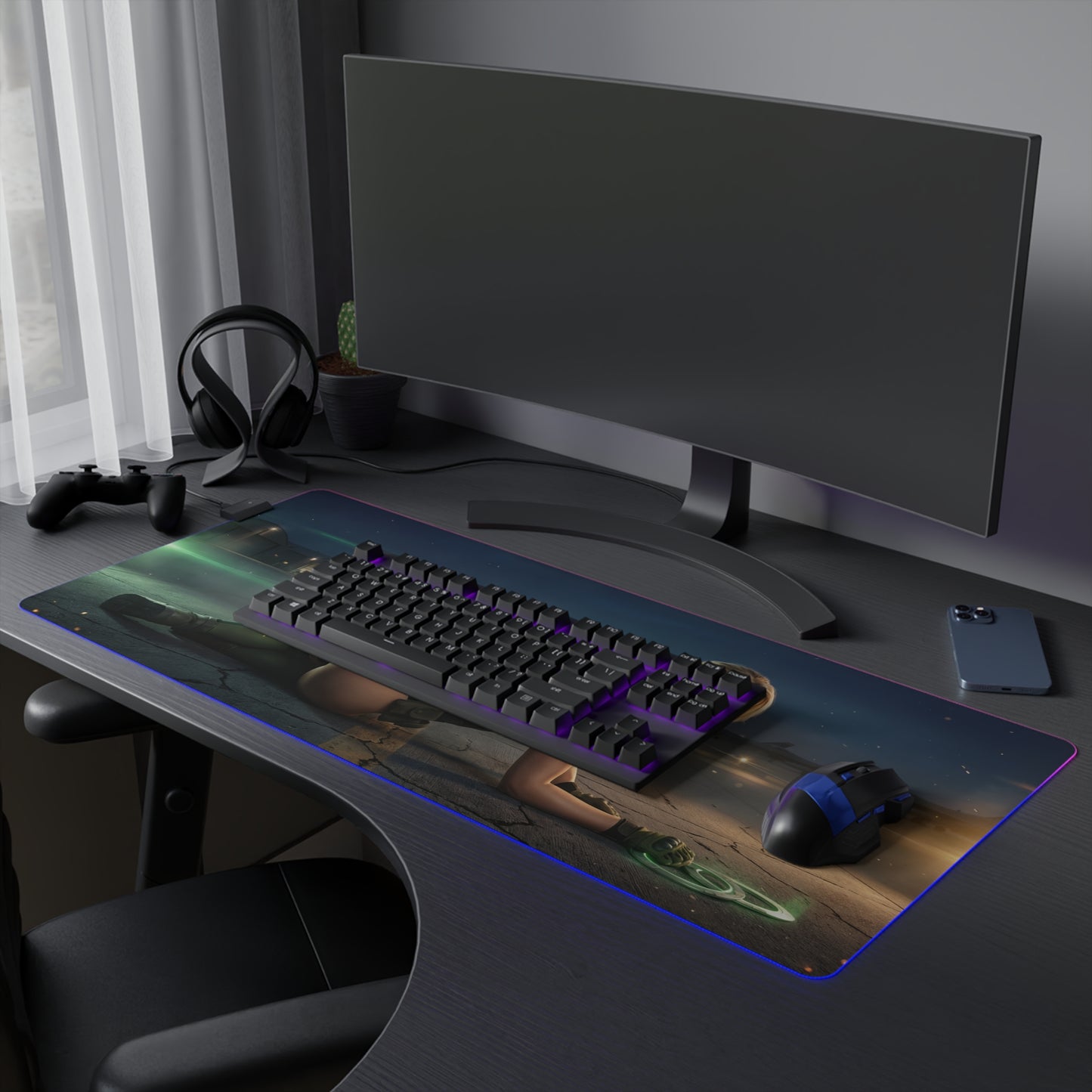 Mortal Kombat Mouse Pad, Sonya Blade LED RGB Desk Mat, Gift for Gamer, Fighting Game Room Decor showing Sonya Blade artwork on RGB oversized desk mat