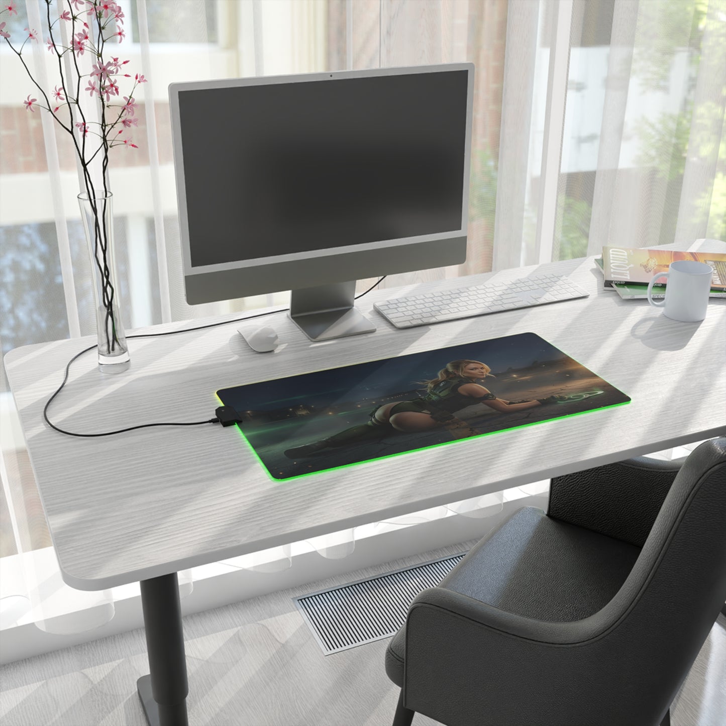 Mortal Kombat Mouse Pad, Sonya Blade LED RGB Desk Mat, Gift for Gamer, Fighting Game Room Decor on modern white desk with PC