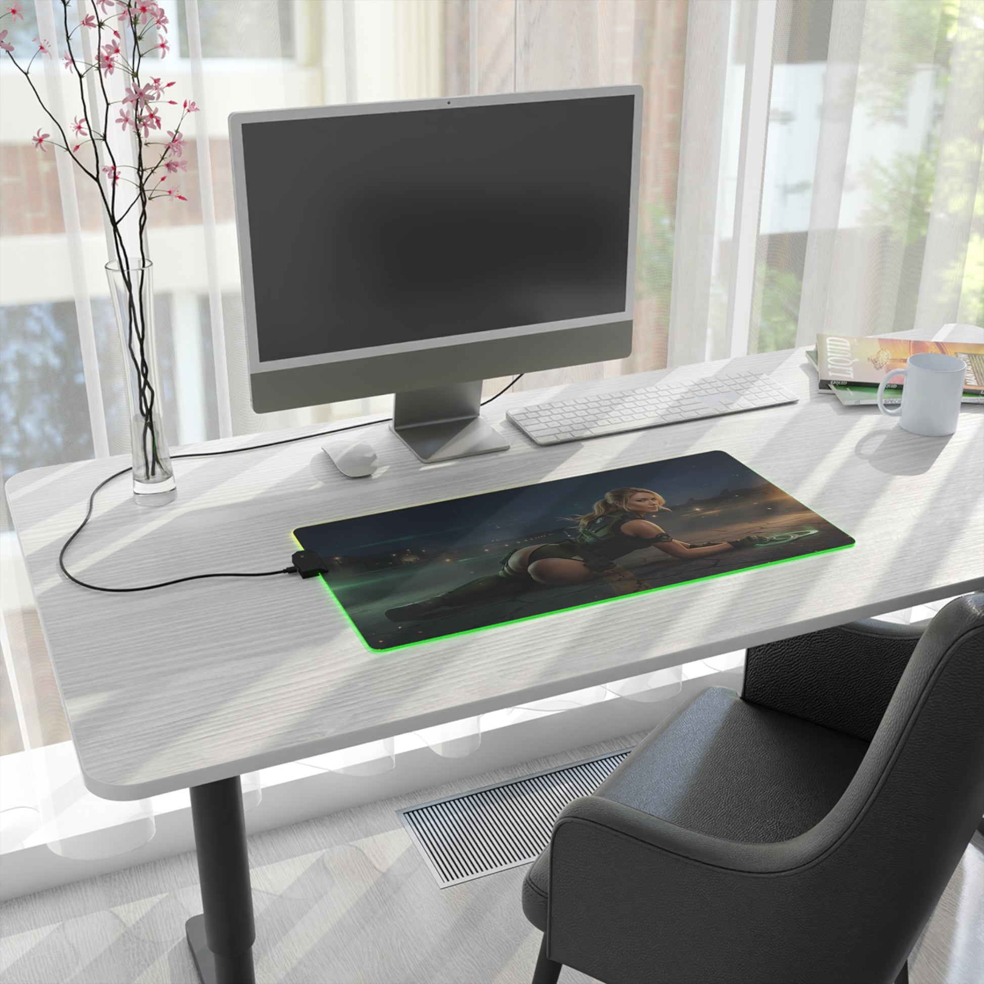 Mortal Kombat Mouse Pad, Sonya Blade LED RGB Desk Mat, Gift for Gamer, Fighting Game Room Decor on modern white desk with PC