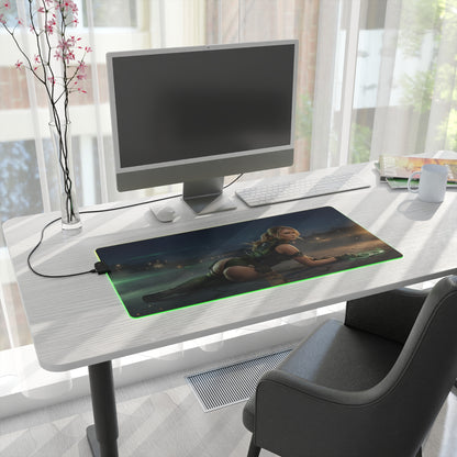 Mortal Kombat Mouse Pad, Sonya Blade LED RGB Desk Mat, Gift for Gamer, Fighting Game Room Decor on white desk with PC setup