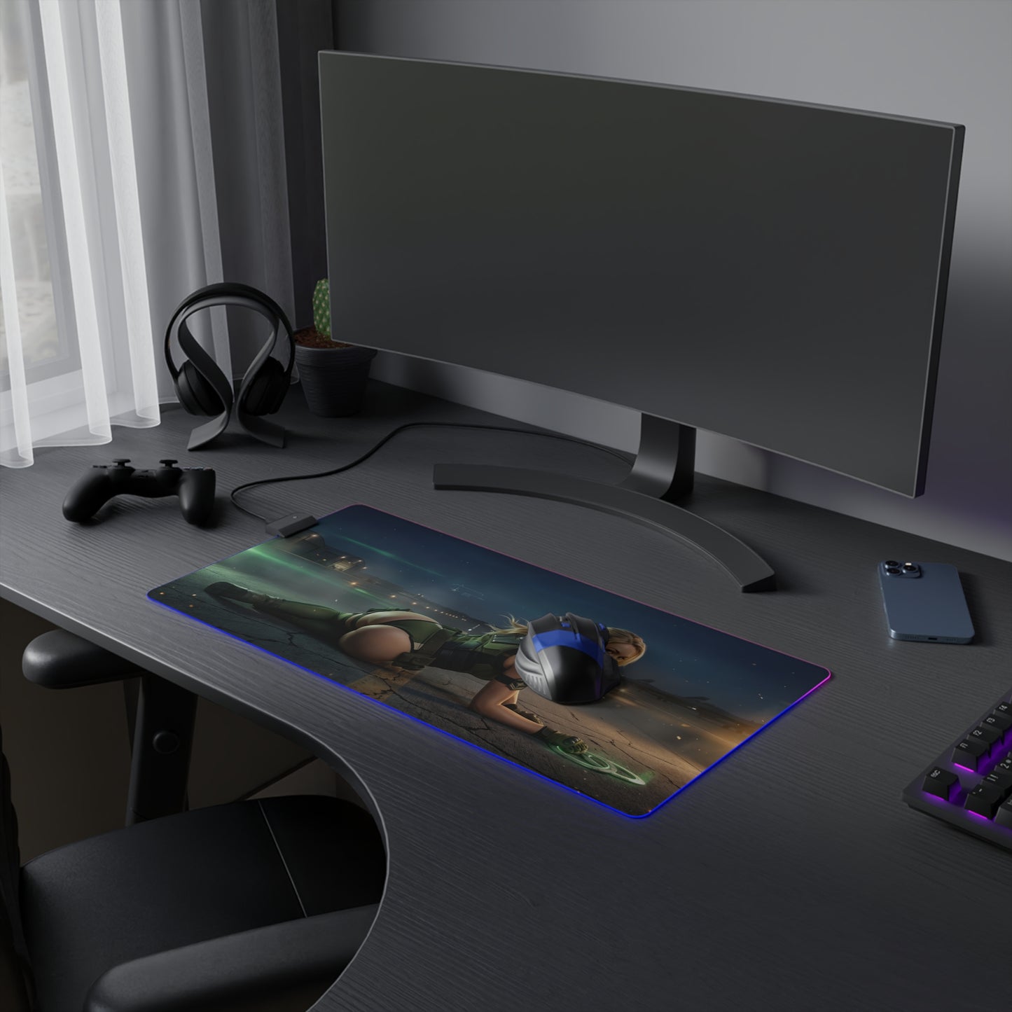 Mortal Kombat Mouse Pad, Sonya Blade LED RGB Desk Mat, Gift for Gamer, Fighting Game Room Decor showing Sonya Blade artwork on RGB desk mat