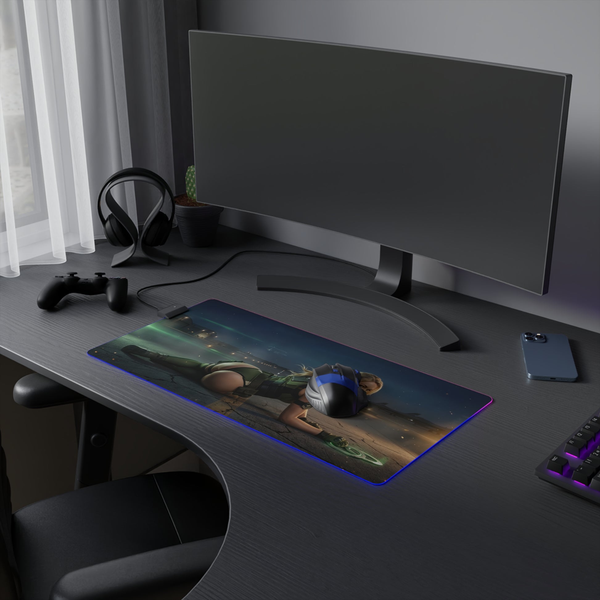 Mortal Kombat Mouse Pad, Sonya Blade LED RGB Desk Mat, Gift for Gamer, Fighting Game Room Decor showing Sonya Blade artwork on RGB desk mat
