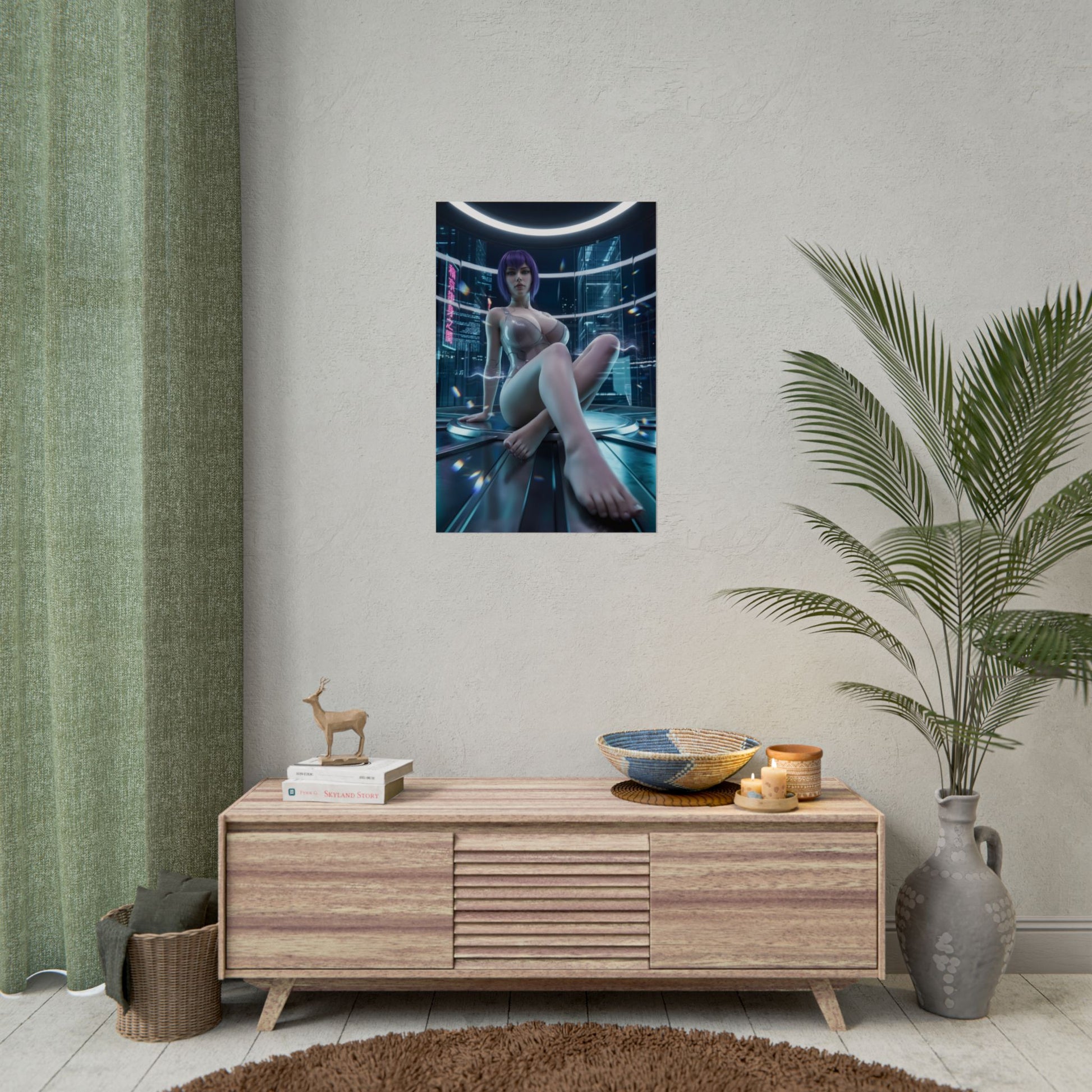 Motoko Kusanagi Poster / Motoko Kusanagi Wall Art / Motoko Kusanagi Art Print / Ghost in the Shell Poster - cyberpunk heroine in futuristic holographic room