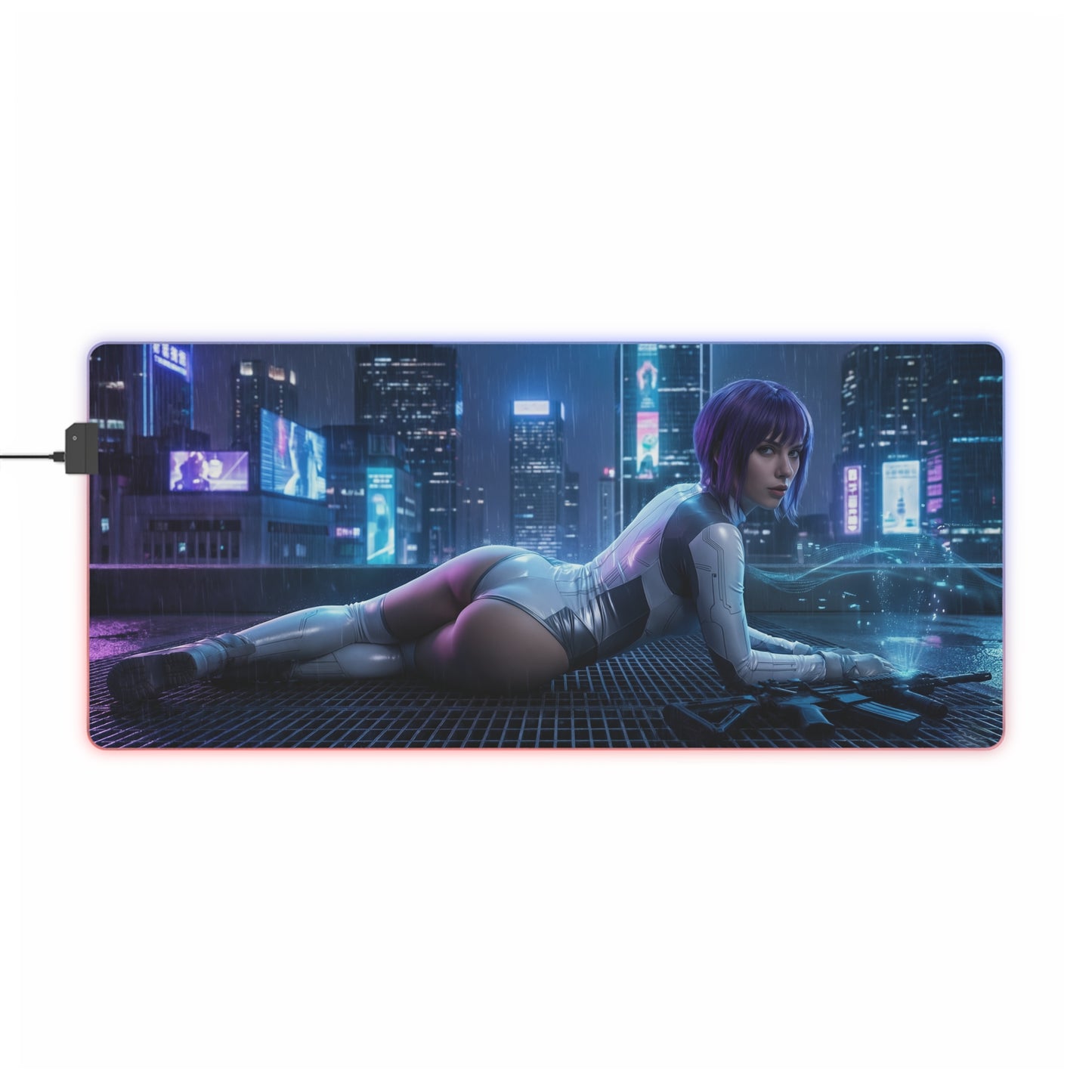 Ghost in the Shell Mouse Pad, Motoko Kusanagi LED RGB Desk Mat, Gift for Gamer, Cyberpunk Room Decor - neon cityscape desk mat with Motoko lounging in rain-soaked cyberpunk skyline