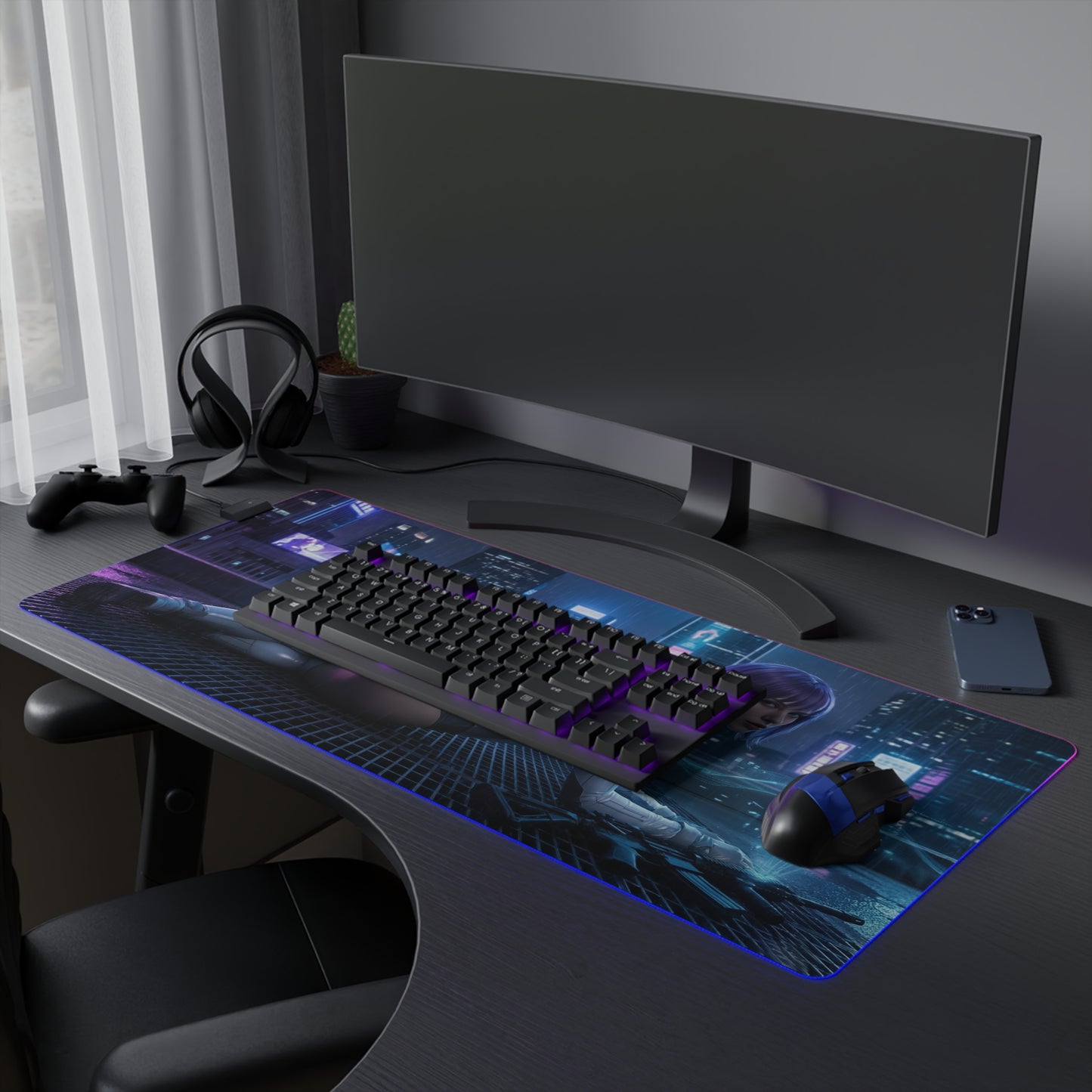 Ghost in the Shell Mouse Pad, Motoko Kusanagi LED RGB Desk Mat, Gift for Gamer, Cyberpunk Room Decor — neon cyberpunk gaming desk mat