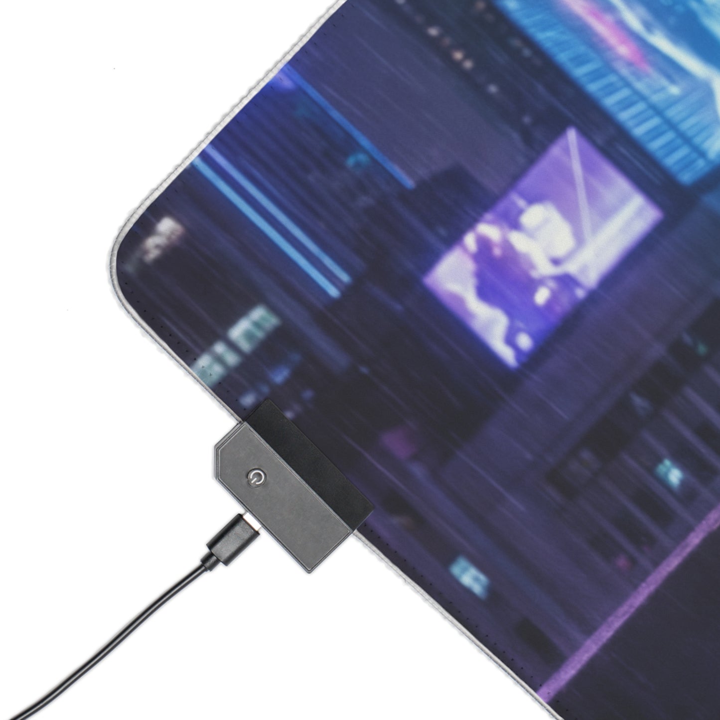Ghost in the Shell Mouse Pad, Motoko Kusanagi LED RGB Desk Mat, Gift for Gamer, Cyberpunk Room Decor – rain-soaked neon corner with USB LED controller