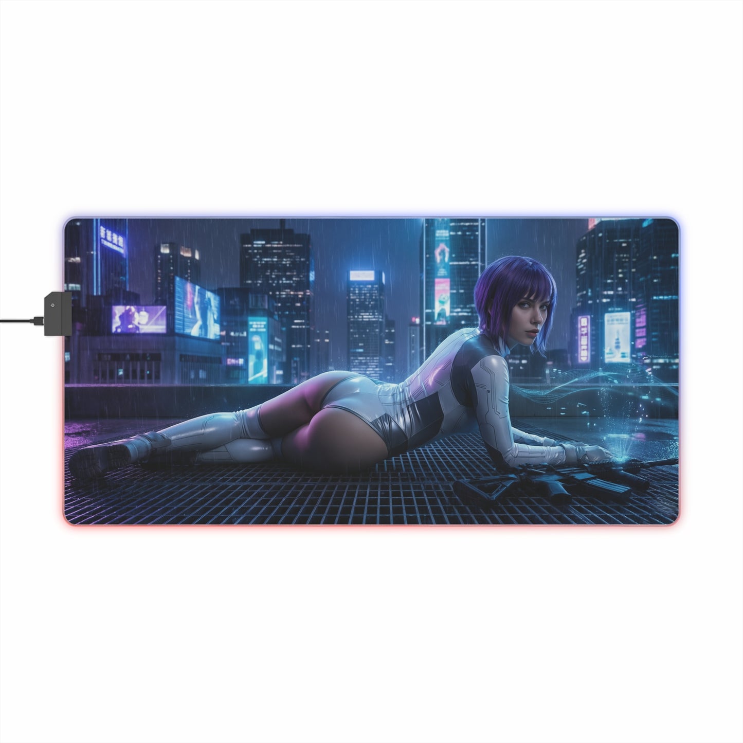 Ghost in the Shell Mouse Pad, Motoko Kusanagi LED RGB Desk Mat, Gift for Gamer, Cyberpunk Room Decor — neon Motoko pose on rain-soaked city rooftop