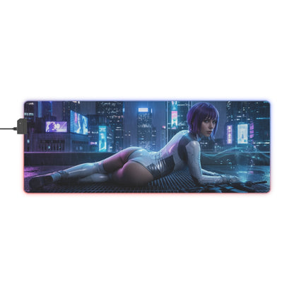 Ghost in the Shell Mouse Pad, Motoko Kusanagi LED RGB Desk Mat, Gift for Gamer, Cyberpunk Room Decor — neon cyberpunk desk mat with Motoko reclining in rain‑soaked cityscape