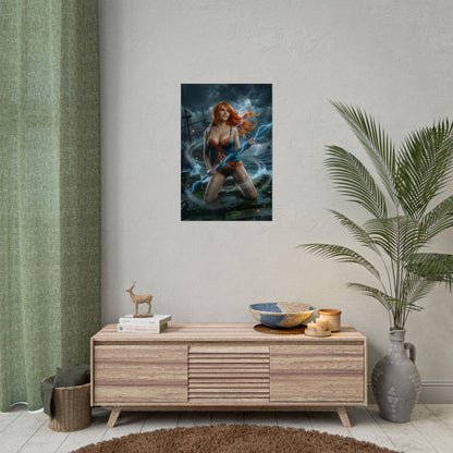 Nami Poster / Nami Wall Art / Nami Art Print / One Piece Poster showing Nami in stormy seaside scene with flowing hair and electric energy
