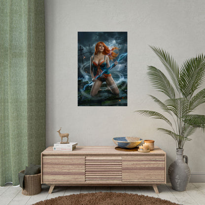 Nami Poster / Nami Wall Art / Nami Art Print / One Piece Poster - vibrant Nami seaside scene with stormy skies, flowing hair and electric energy