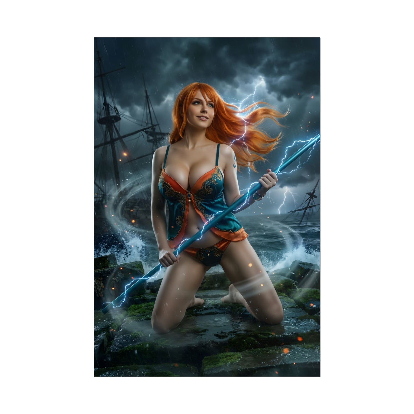 Nami Poster / Nami Wall Art / Nami Art Print / One Piece Poster - dramatic seaside Nami with flowing hair and lightning staff