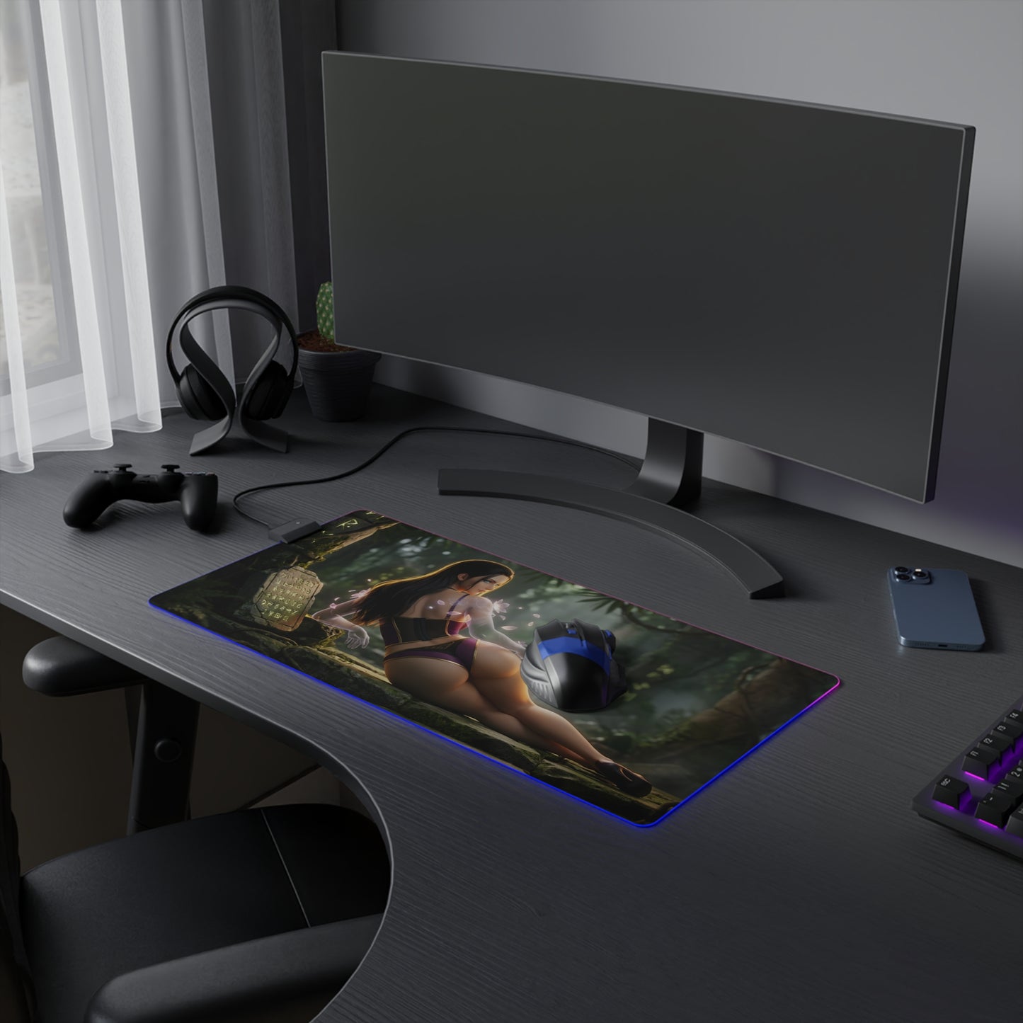 Nico Robin RGB Mouse Pad – One Piece Illuminated Desk Mat, Anime Gamer Decor on extended desk with RGB edge lighting and high-definition character print