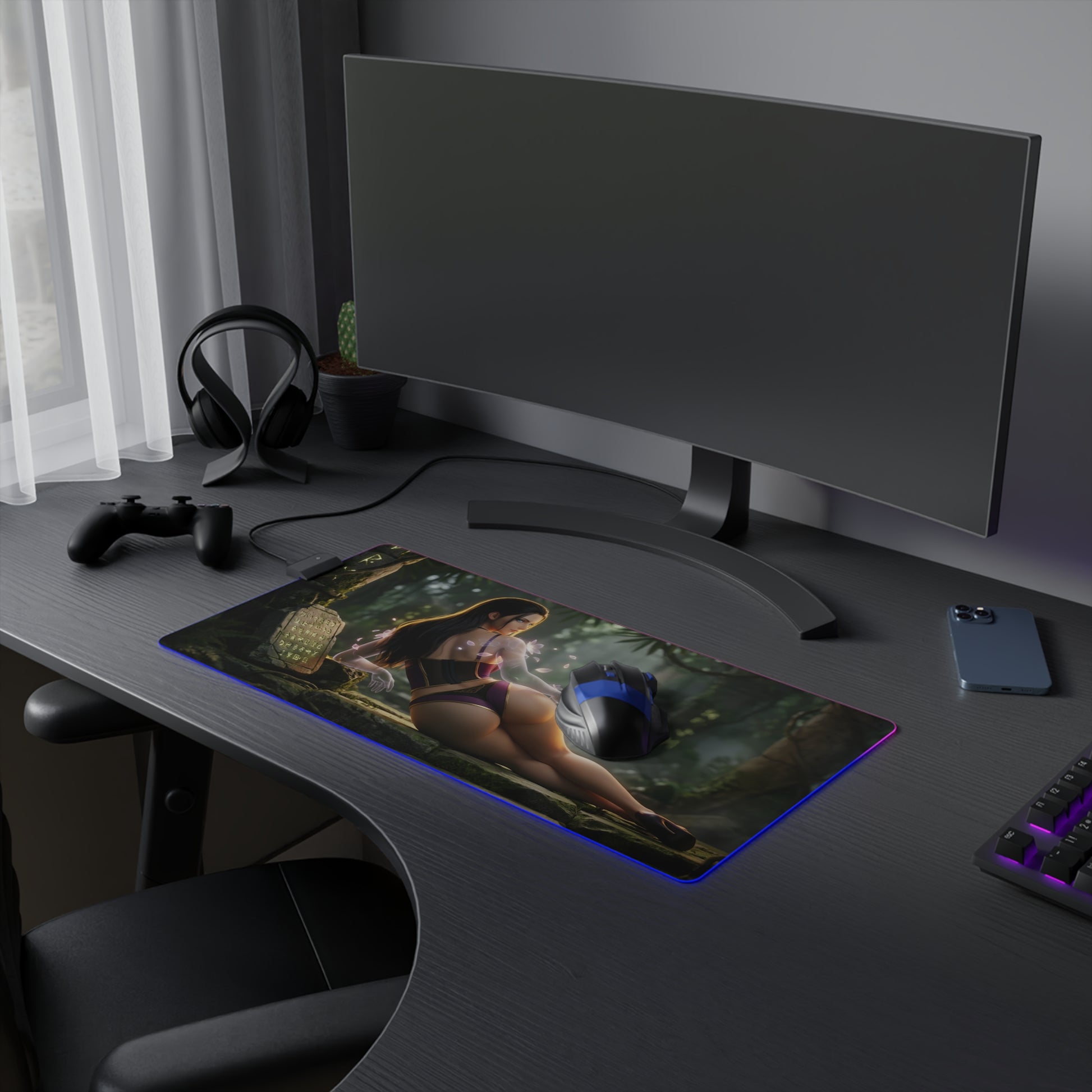 Nico Robin RGB Mouse Pad – One Piece Illuminated Desk Mat, Anime Gamer Decor on extended desk with RGB edge lighting and high-definition character print