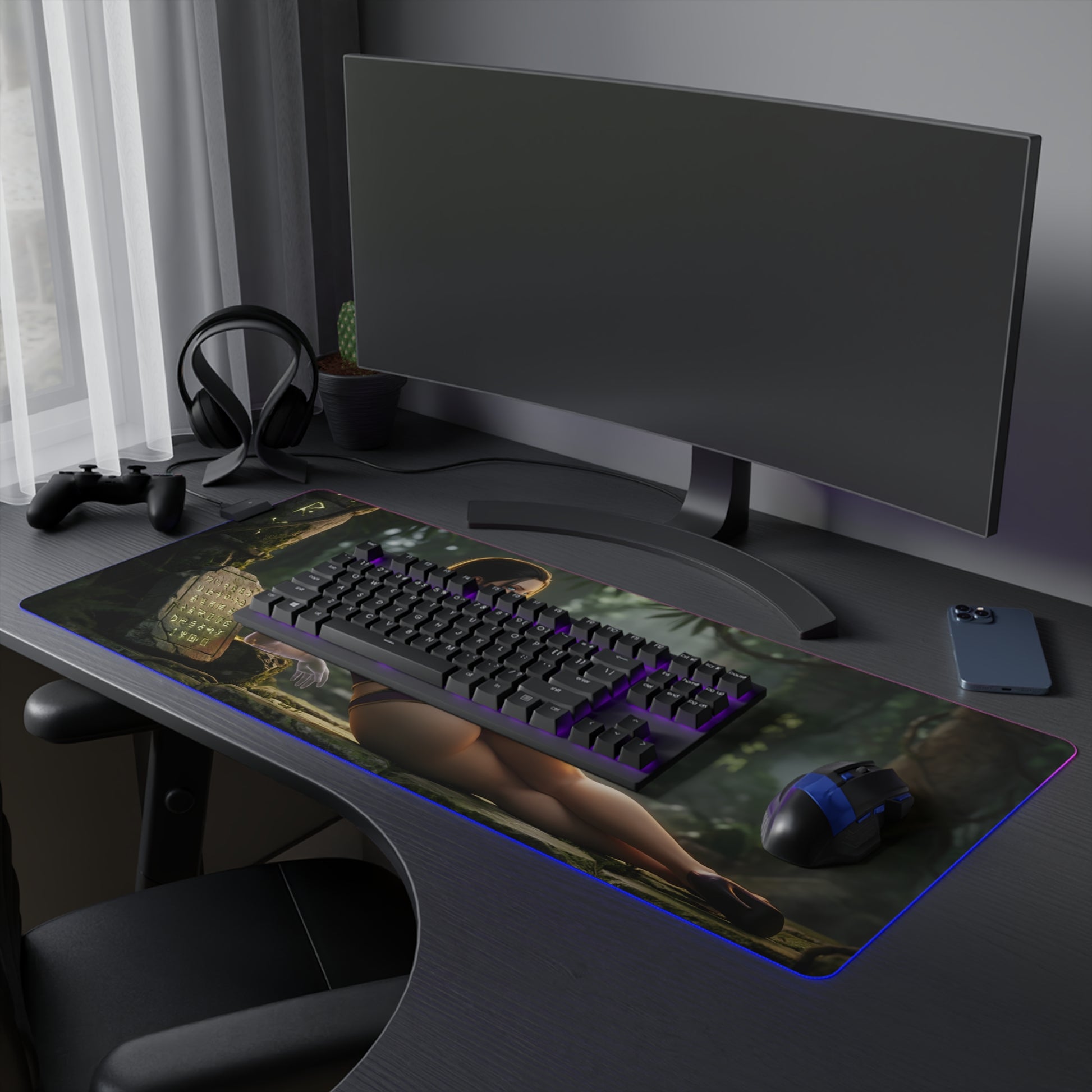 Nico Robin RGB Mouse Pad – One Piece Illuminated Desk Mat, Anime Gamer Decor on a gaming desk with keyboard and mouse