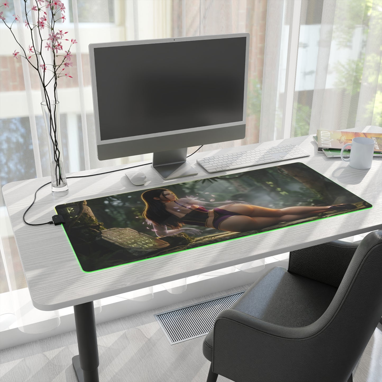 Nico Robin RGB Mouse Pad – One Piece Illuminated Desk Mat, Anime Gamer Decor on a white desk with green RGB edge lighting and high-def character print