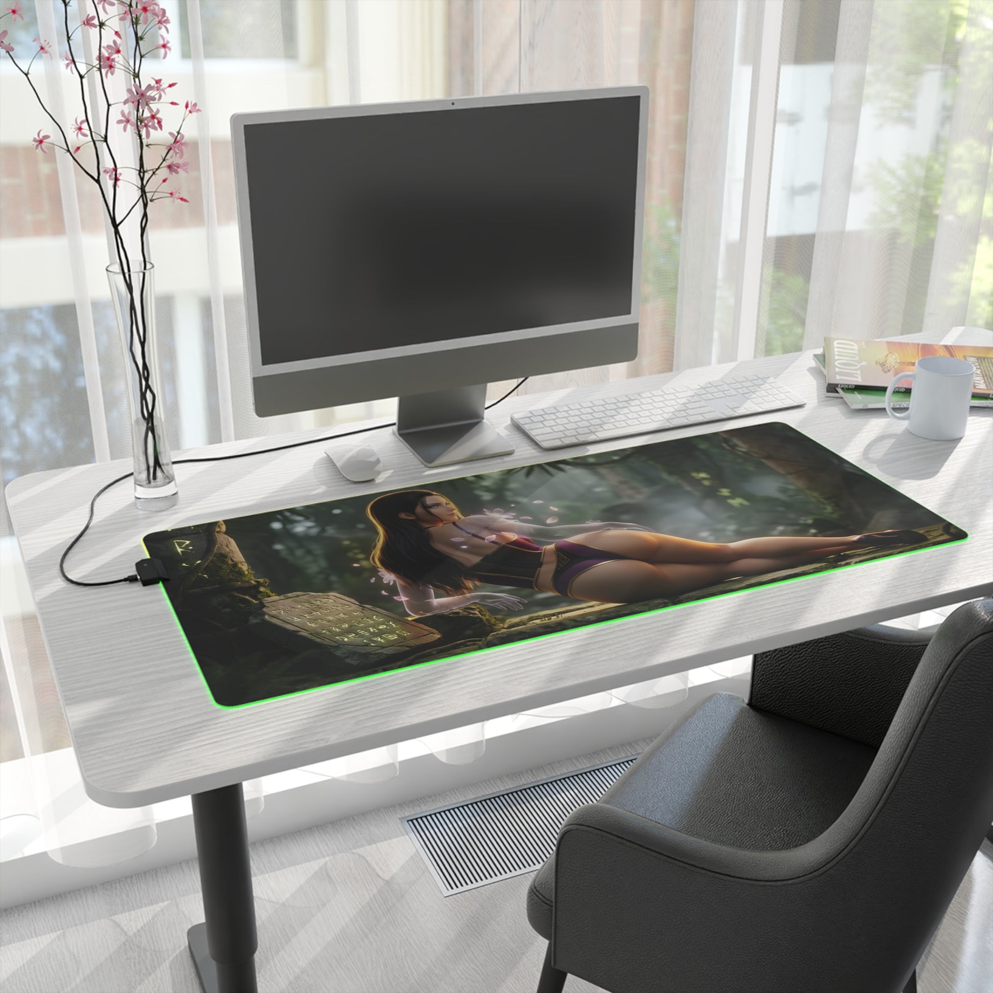Nico Robin RGB Mouse Pad – One Piece Illuminated Desk Mat, Anime Gamer Decor on a white desk with green RGB edge lighting and high-def character print