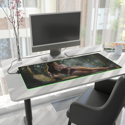 Nico Robin RGB Mouse Pad – One Piece Illuminated Desk Mat, Anime Gamer Decor on a white desk with green RGB edge lighting and high-def character print