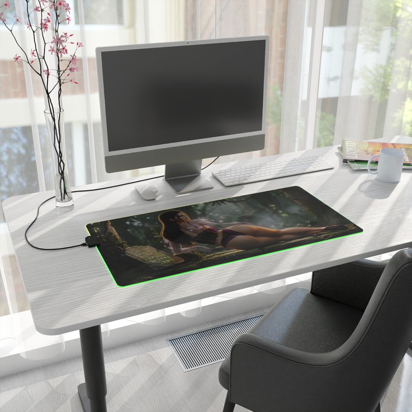Nico Robin RGB Mouse Pad – One Piece Illuminated Desk Mat, Anime Gamer Decor on white desk with green RGB edge and printed Nico Robin artwork