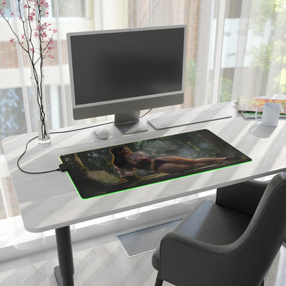 Nico Robin RGB Mouse Pad – One Piece Illuminated Desk Mat, Anime Gamer Decor on white desk with green RGB edge and printed Nico Robin artwork