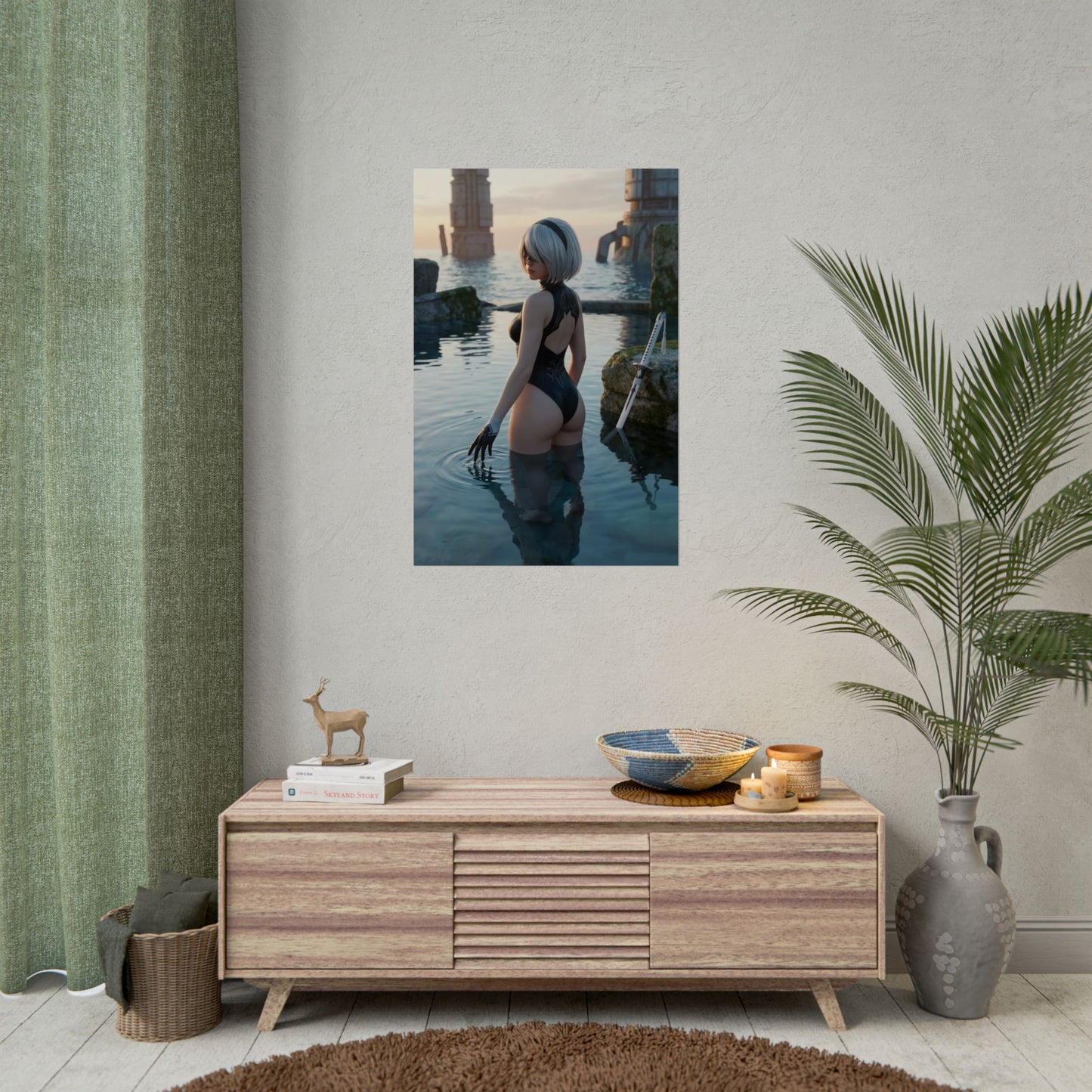 Nier Automata Poster – 2B Art Print, Sci-Fi Game Wall Art featuring 2B waist‑deep in reflective water beside ancient industrial ruins at sunset
