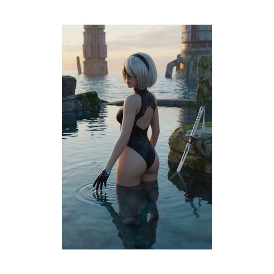 Nier Automata Poster – 2B Art Print, Sci-Fi Game Wall Art featuring 2B waist-deep in reflective water with ruined industrial backdrop at sunset