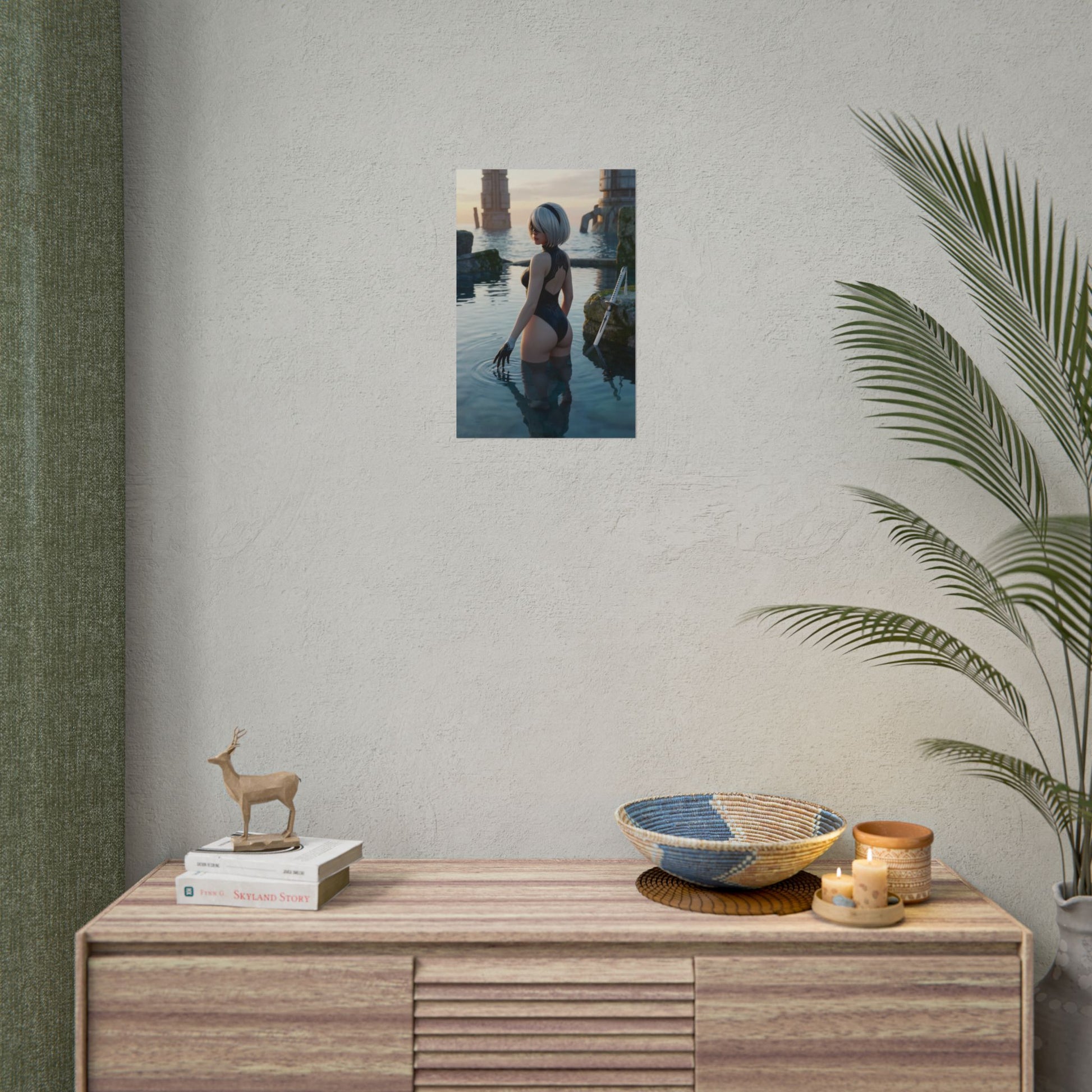 Nier Automata Poster – 2B Art Print, Sci-Fi Game Wall Art showing 2B waist-deep in reflective water with sunset and industrial ruins