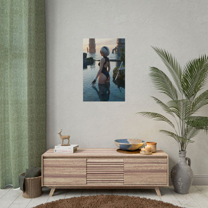 Nier Automata Poster – 2B Art Print, Sci-Fi Game Wall Art showing 2B waist-deep in reflective water at sunset among industrial ruins