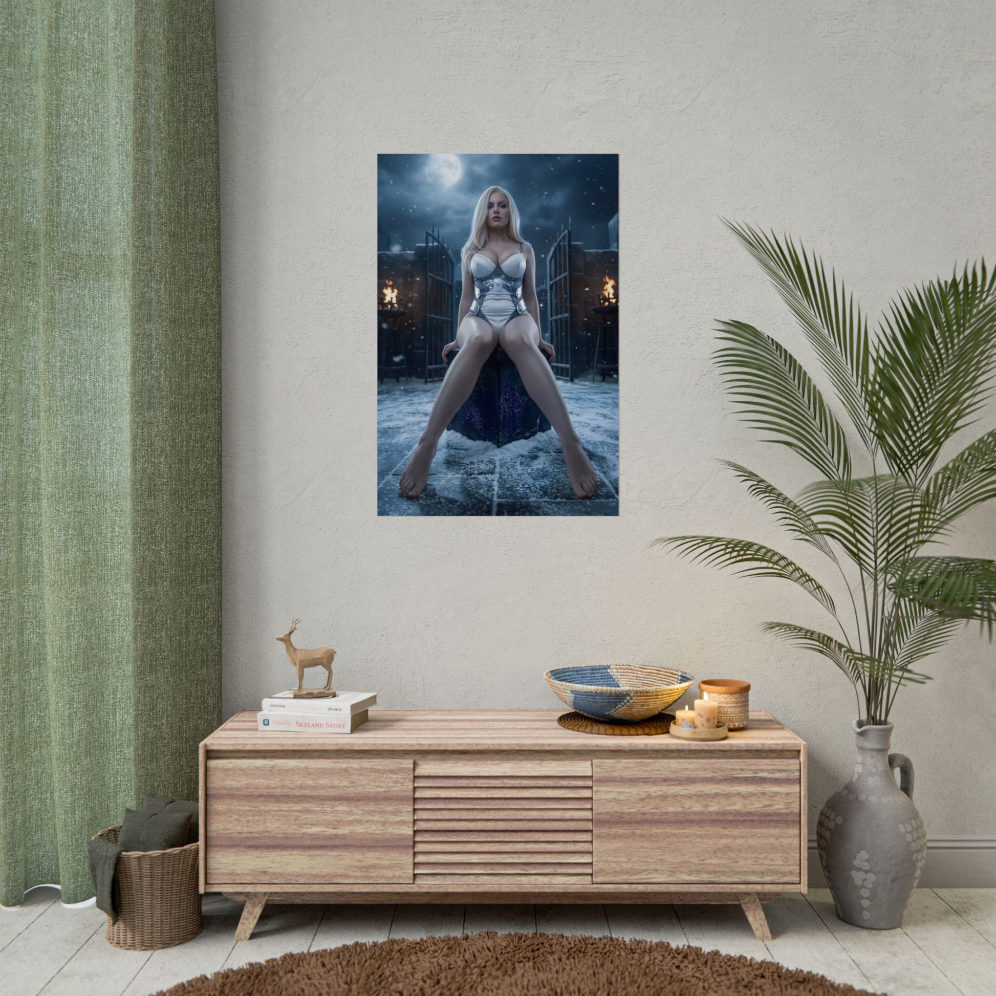 Olivia Mira Armstrong Poster / Olivia Mira Armstrong Wall Art / Olivia Mira Armstrong Art Print / Anime Military Poster - moonlit ice-cold general seated amid snow and iron gates