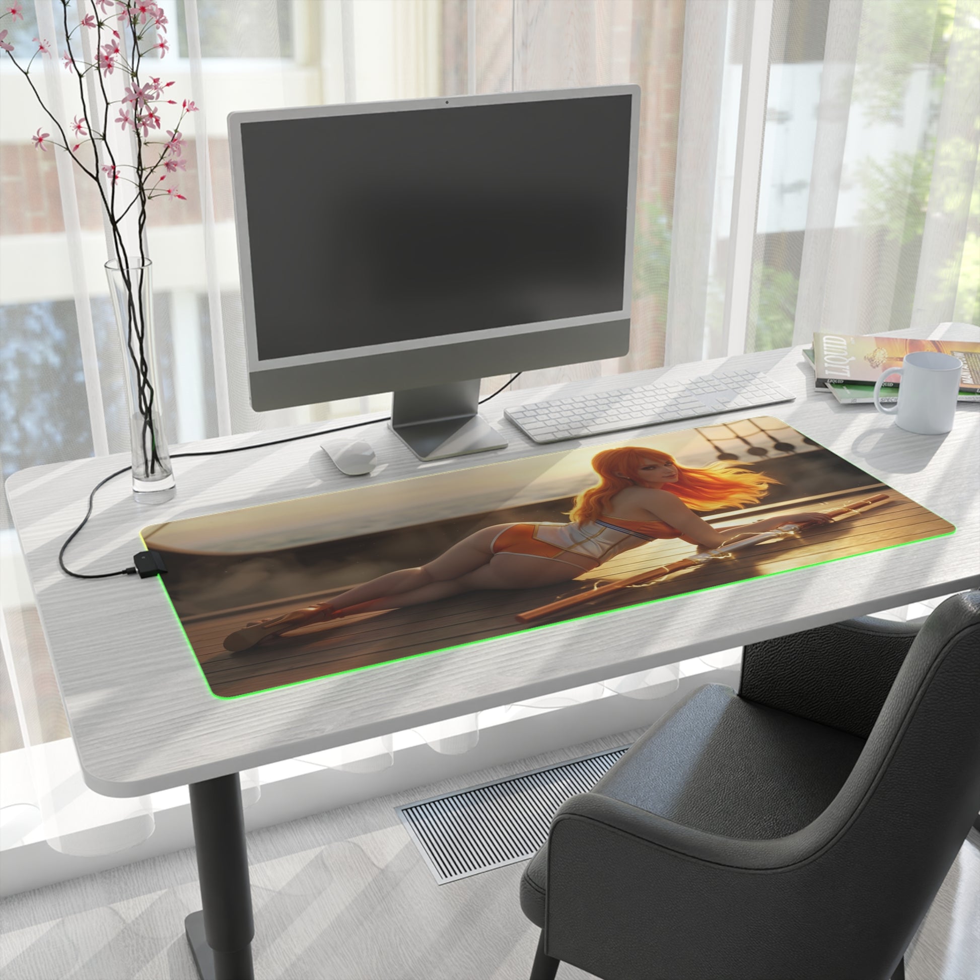 One Piece Mouse Pad, Nami Pirate LED RGB Desk Mat, Gift for Gamer, Anime Room Decor on a modern desk showing Nami artwork and glowing RGB edge