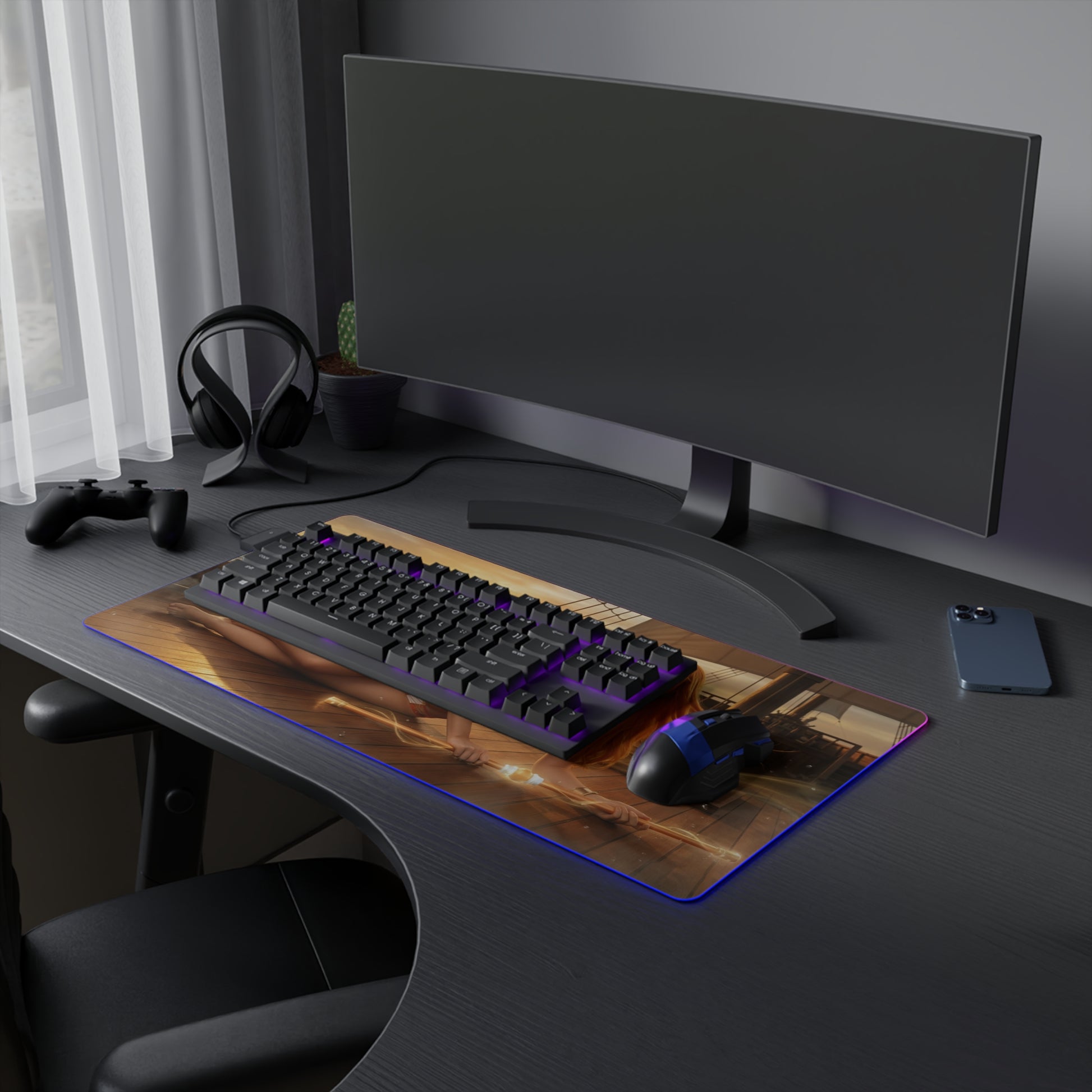 One Piece Mouse Pad, Nami LED RGB Desk Mat, Gift for Gamer, Anime Room Decor on gaming desk with keyboard and RGB lighting