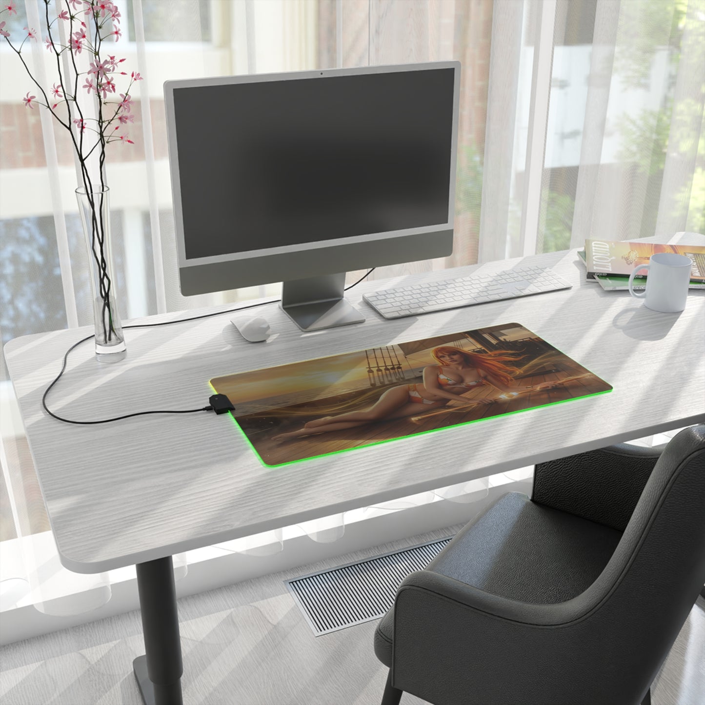 One Piece Mouse Pad, Nami LED RGB Desk Mat, Gift for Gamer, Anime Room Decor on a modern white desk with monitor and green LED glow