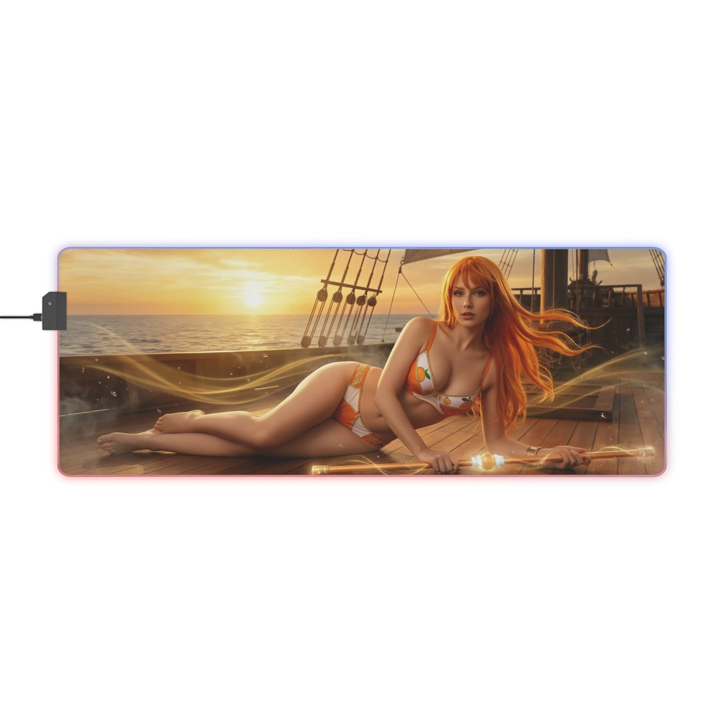 One Piece Mouse Pad, Nami LED RGB Desk Mat, Gift for Gamer, Anime Room Decor - orange Nami sunset ocean gaming desk mat