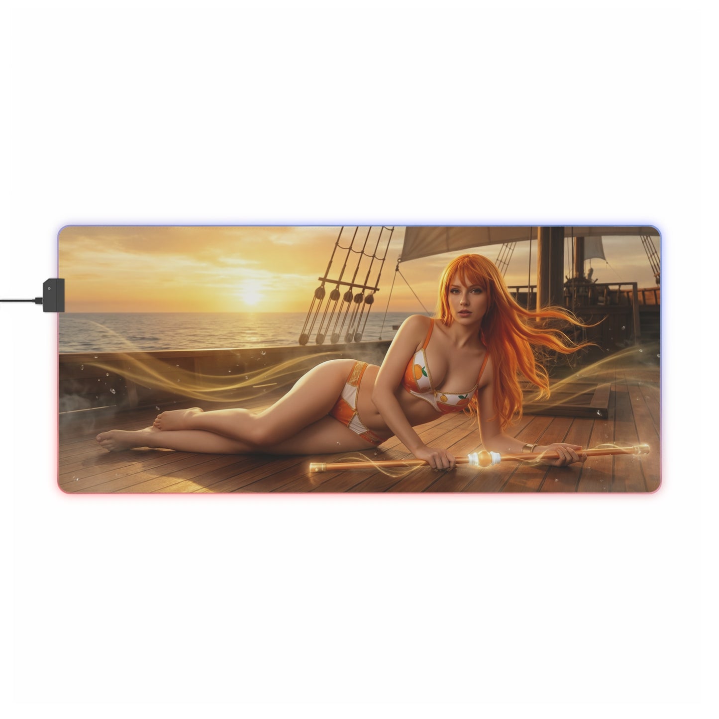 One Piece Mouse Pad, Nami LED RGB Desk Mat, Gift for Gamer, Anime Room Decor — sunset ocean Nami reclining on ship deck with orange aesthetic and LED glow