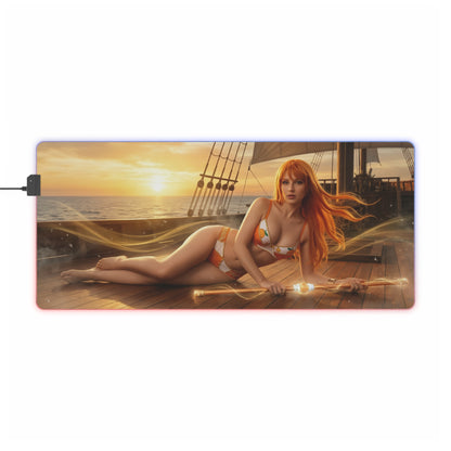 One Piece Mouse Pad, Nami LED RGB Desk Mat, Gift for Gamer, Anime Room Decor — sunset ocean Nami reclining on ship deck with orange aesthetic and LED glow