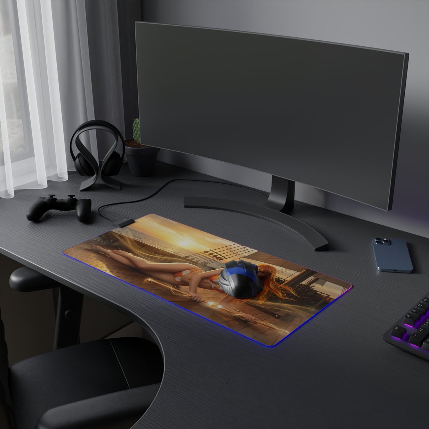 One Piece Mouse Pad, Nami LED RGB Desk Mat, Gift for Gamer, Anime Room Decor — Nami sunset ocean anime gaming desk mat with RGB glow