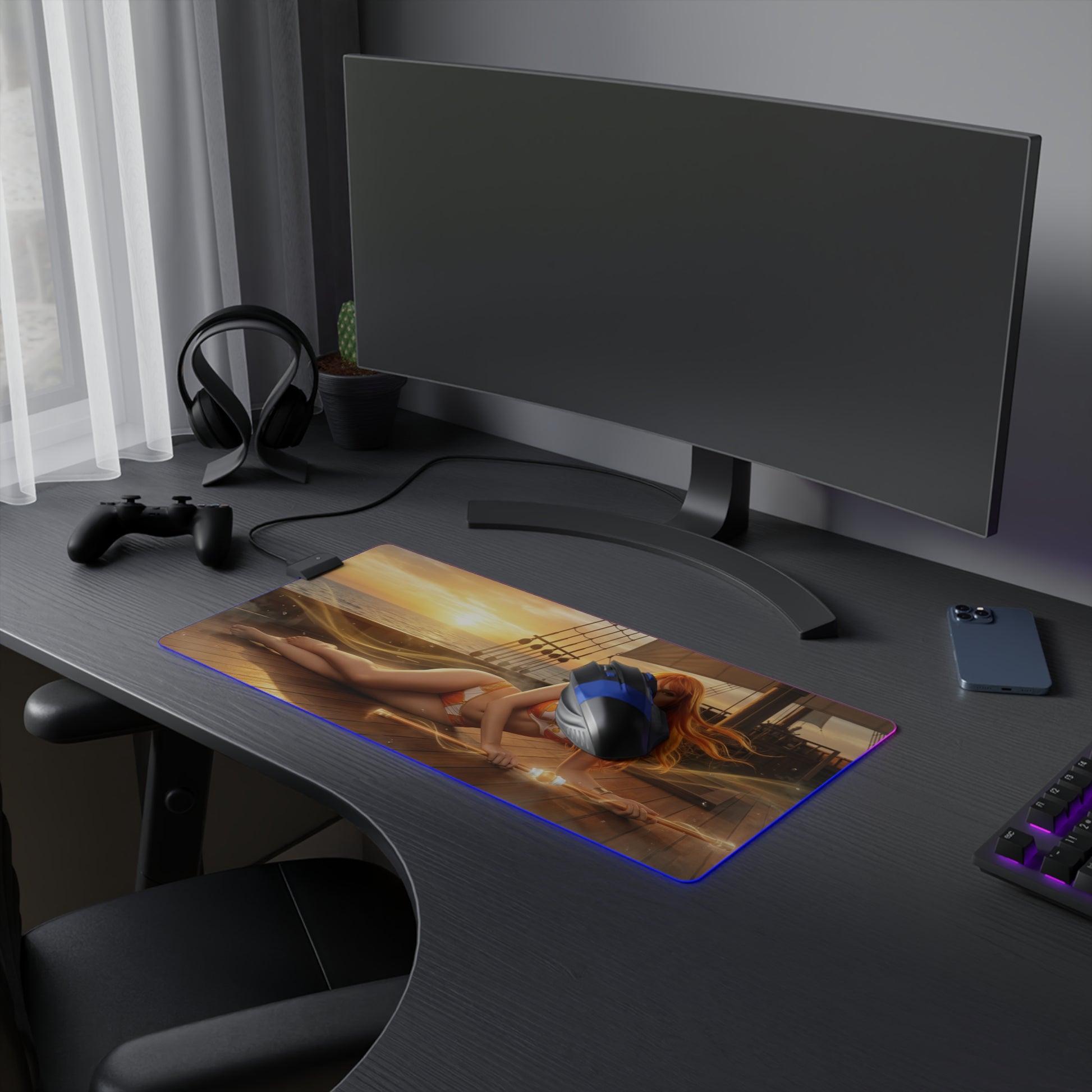 One Piece Mouse Pad, Nami LED RGB Desk Mat, Gift for Gamer, Anime Room Decor — Nami sunset ocean anime gaming desk mat with RGB glow