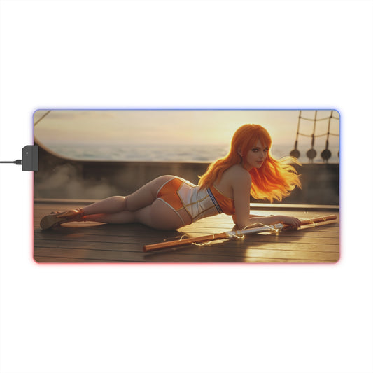 One Piece Mouse Pad, Nami Pirate LED RGB Desk Mat, Gift for Gamer, Anime Room Decor - Nami sunset pirate artwork on RGB desk mat