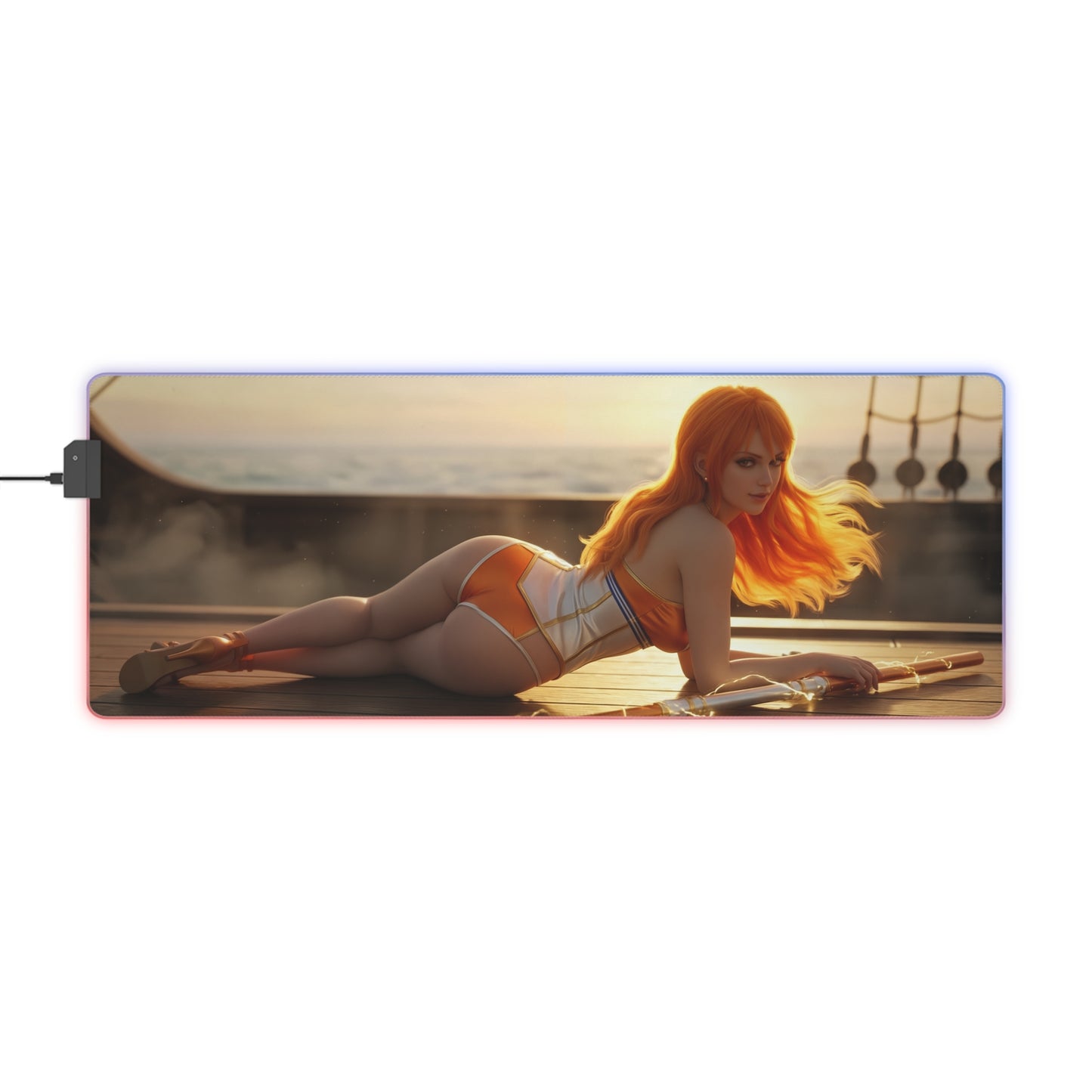 One Piece Mouse Pad, Nami Pirate LED RGB Desk Mat, Gift for Gamer, Anime Room Decor — sunset Nami reclining on ship deck with glowing RGB border