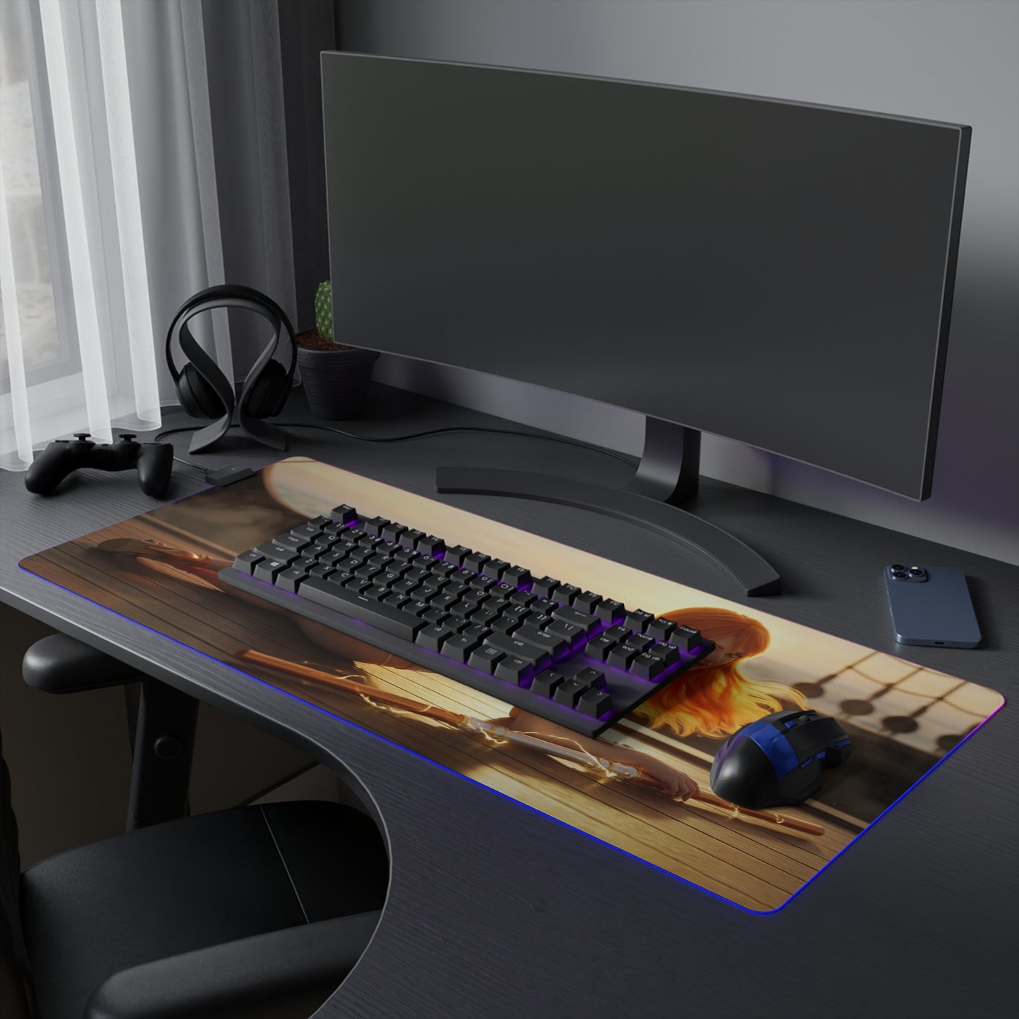 One Piece Mouse Pad, Nami Pirate LED RGB Desk Mat, Gift for Gamer, Anime Room Decor - Nami sunset pirate gaming desk mat with RGB glow
