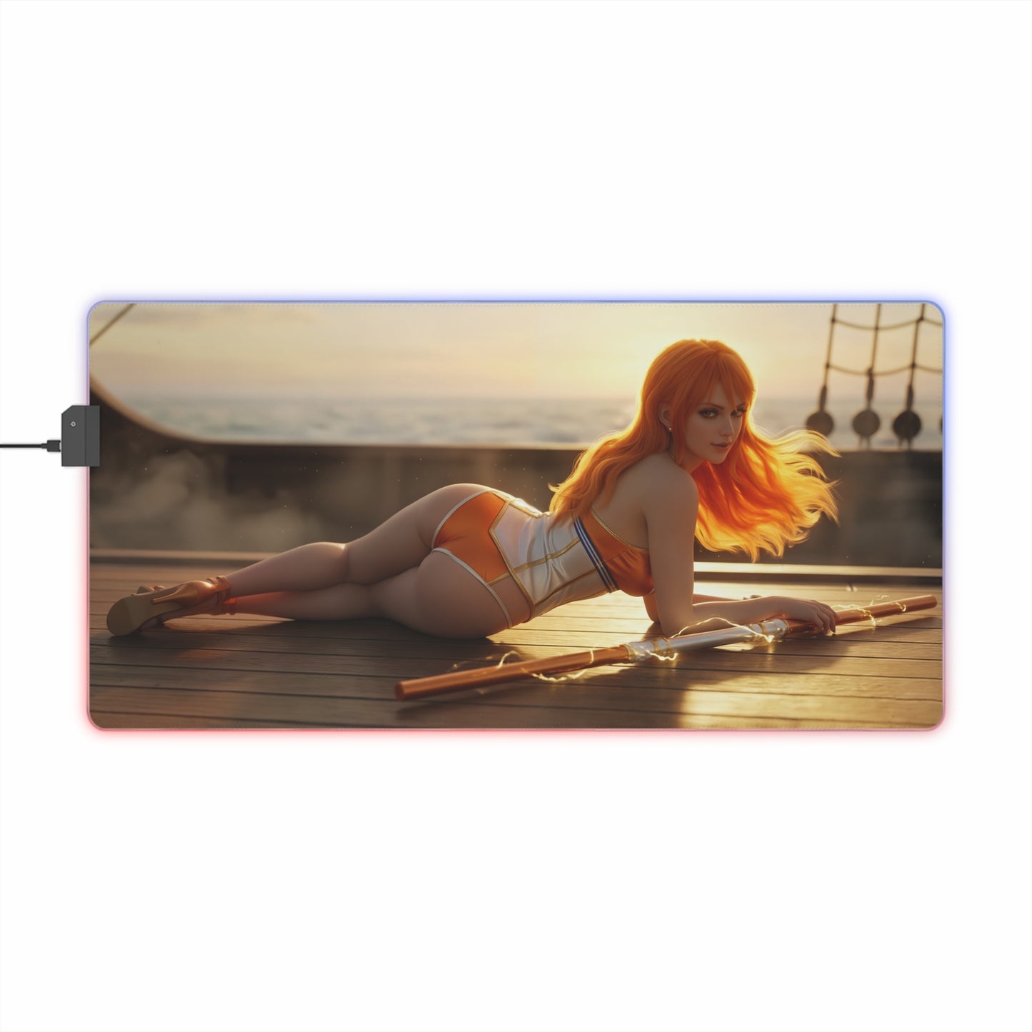 One Piece Mouse Pad, Nami Pirate LED RGB Desk Mat, Gift for Gamer, Anime Room Decor - Nami cosplay on ship deck at sunset with glowing staff