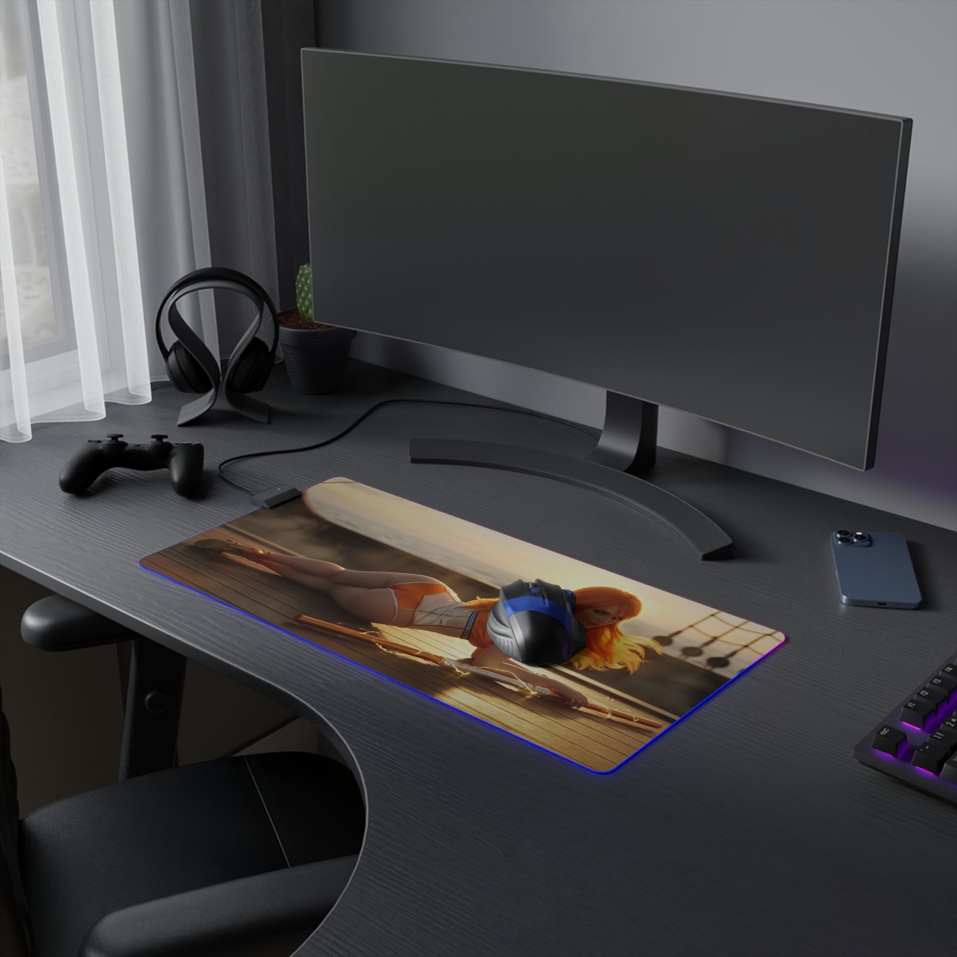 One Piece Mouse Pad, Nami Pirate LED RGB Desk Mat, Gift for Gamer, Anime Room Decor — Nami sunset gaming desk mat with glowing RGB edge