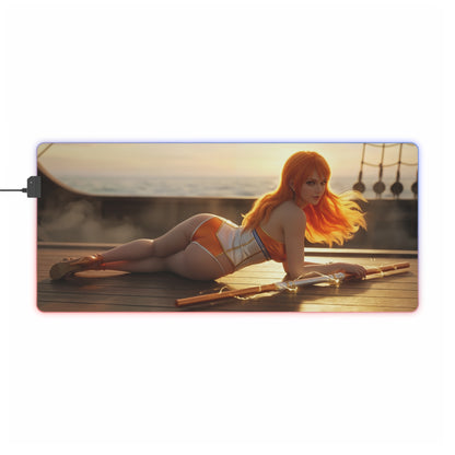 One Piece Mouse Pad, Nami Pirate LED RGB Desk Mat, Gift for Gamer, Anime Room Decor — beach sunset Nami pose on illuminated gaming desk mat