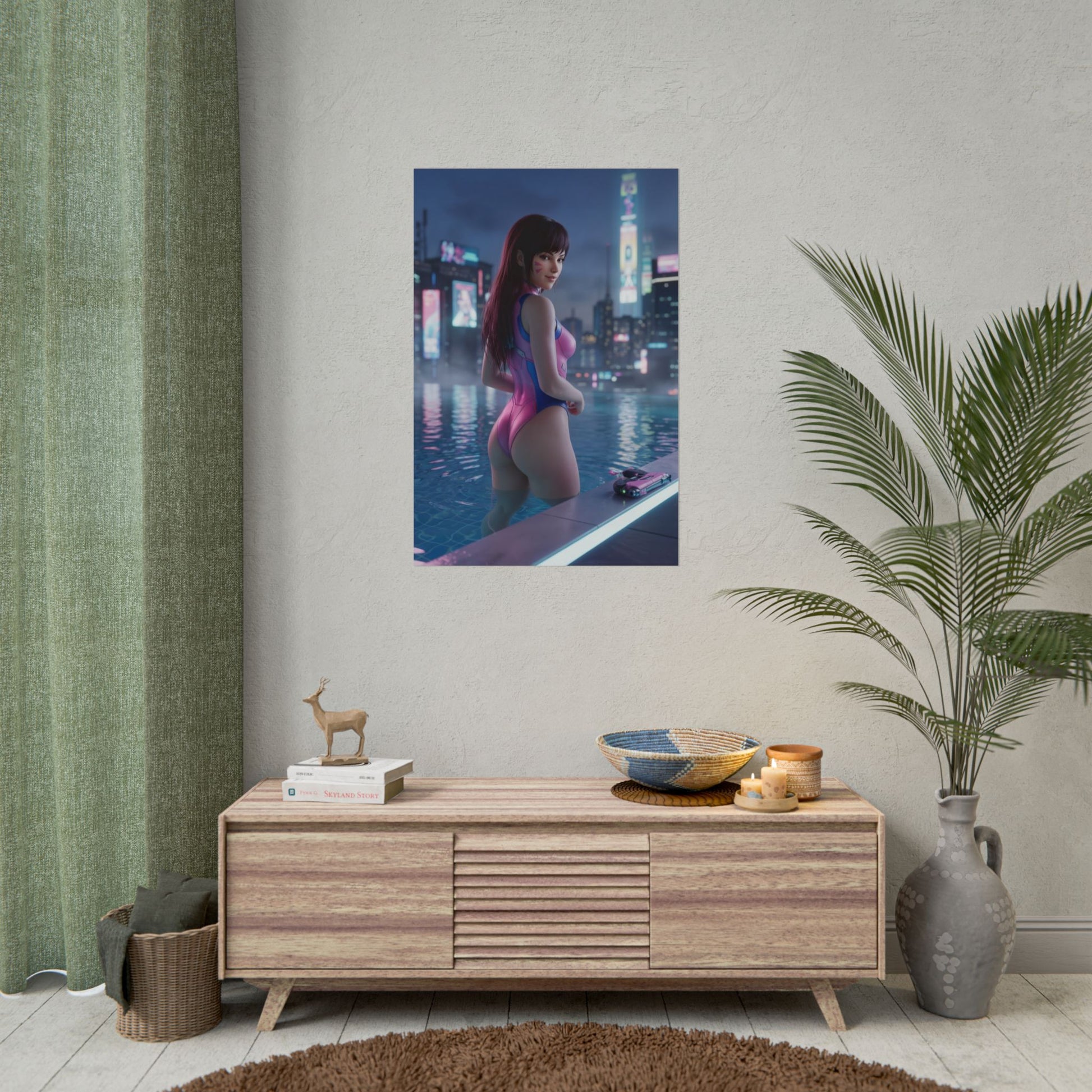 Overwatch Poster – D.Va Art Print, Sci-Fi Game Wall Art featuring D.Va in a neon rooftop pool cyberpunk city scene