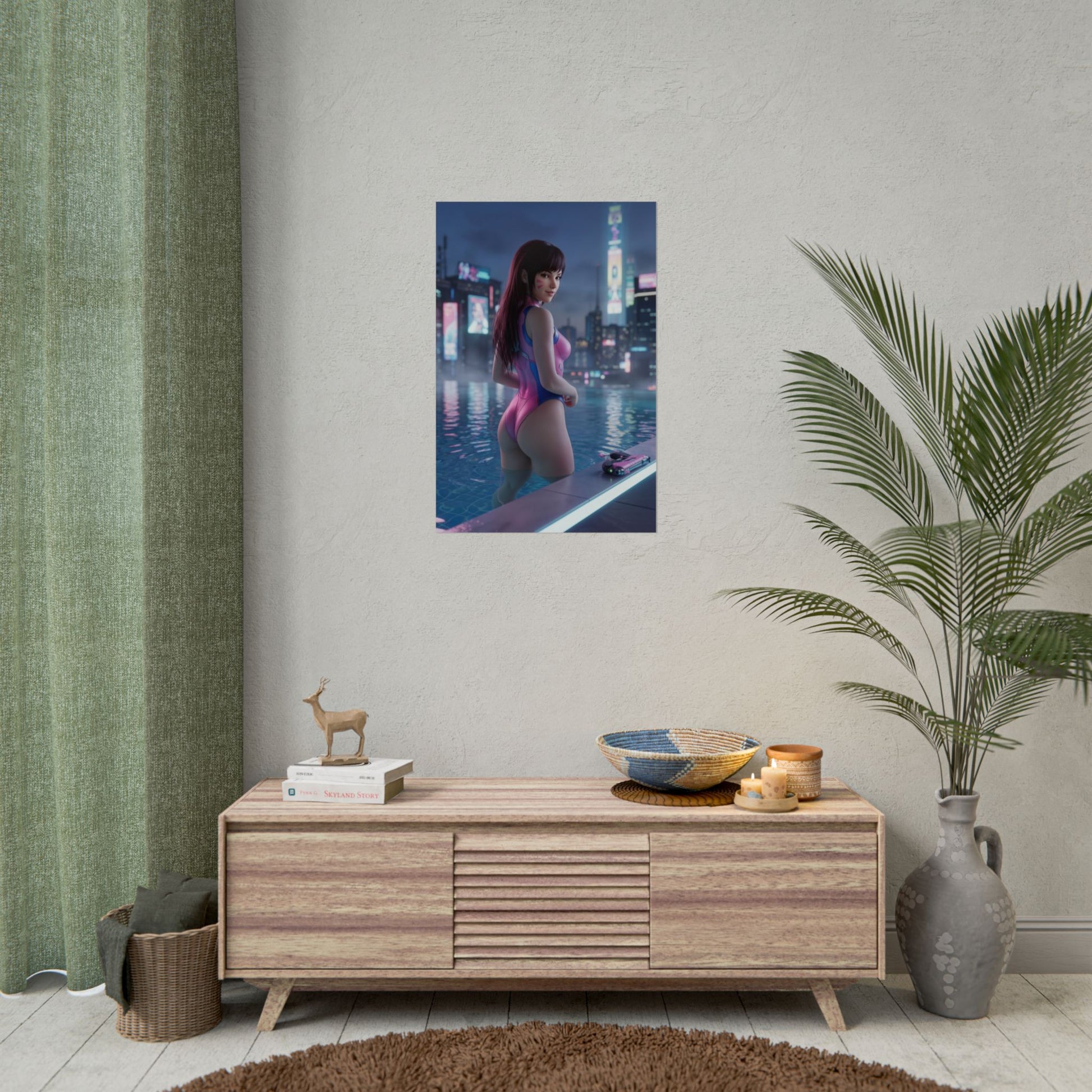 Overwatch Poster – D.Va Art Print, Sci-Fi Game Wall Art featuring D.Va in a neon rooftop pool cyberpunk city scene