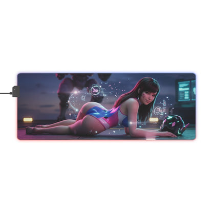 Overwatch Mouse Pad, D.Va LED RGB Desk Mat, Gift for Gamer, Anime Gaming Decor - D.Va character reclining on illuminated RGB gaming desk mat