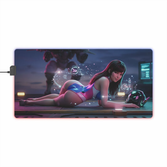 Overwatch Mouse Pad, D.Va LED RGB Desk Mat, Gift for Gamer, Anime Gaming Decor — D.Va art on RGB gaming desk mat with smooth precision-cloth surface